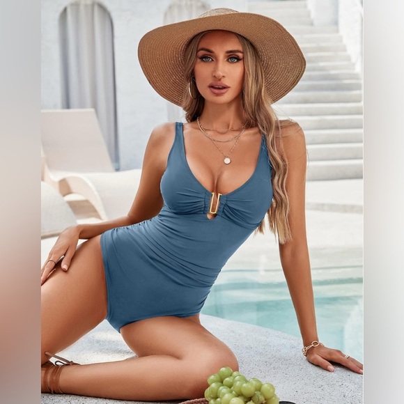 Chic Blue One-Piece Swimsuit with Gold Accent - Picture 6 of 9